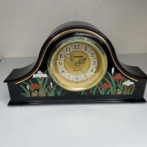 Vintage 70s R. Powell Asian Flowers Mantel Clock w/ Drawers